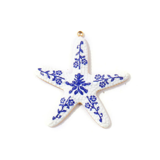 Immagine di 2 Pz PVD Ecologica Impermeabile Anti-Ossidante Ipoallergenico 304 Acciaio Inossidabile Gioielli Oceanici Ciondoli Pendenti All'Ingrosso 18K Vero Oro Placcato Blu Scuro Stella di Mare Pittura 3.7cm x 3.5cm