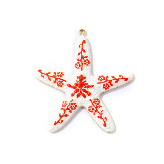 Immagine di 2 Pz PVD Ecologica Impermeabile Anti-Ossidante Ipoallergenico 304 Acciaio Inossidabile Gioielli Oceanici Ciondoli Pendenti All'Ingrosso 18K Vero Oro Placcato Rosso Stella di Mare Pittura 3.7cm x 3.5cm