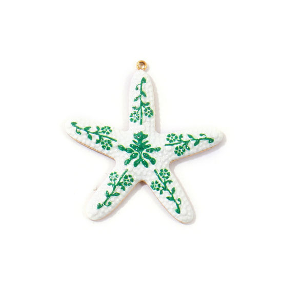 Immagine di 2 Pz PVD Ecologica Impermeabile Anti-Ossidante Ipoallergenico 304 Acciaio Inossidabile Gioielli Oceanici Ciondoli Pendenti All'Ingrosso 18K Vero Oro Placcato Verde Stella di Mare Pittura 3.7cm x 3.5cm