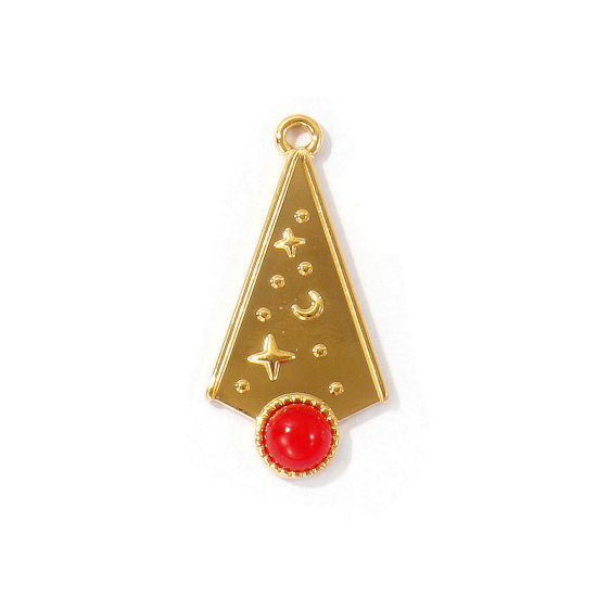 Picture of 2 PCs Eco-friendly PVD Waterproof Anti-Tarnish Hypoallergenic 304 Stainless Steel Pendants Wholesale 18K Real Gold Plated Red Arrowhead With Synthetic Gemstone Cabochons 3.3cm x 1.6cm