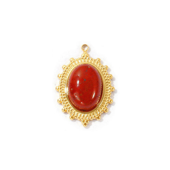 Picture of 2 PCs Eco-friendly PVD Waterproof Anti-Tarnish Hypoallergenic 304 Stainless Steel Charms Wholesale 18K Real Gold Plated Red Oval With Synthetic Gemstone Cabochons 26mm x 18mm