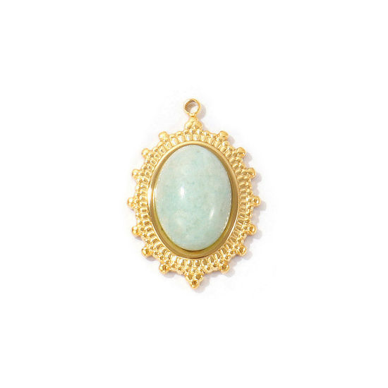 Picture of 2 PCs Eco-friendly PVD Waterproof Anti-Tarnish Hypoallergenic 304 Stainless Steel Charms Wholesale 18K Real Gold Plated Green Blue Oval With Synthetic Gemstone Cabochons 26mm x 18mm