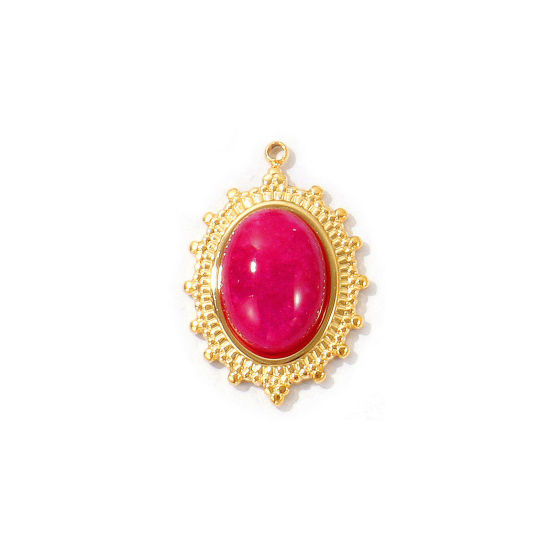 Picture of 2 PCs Eco-friendly PVD Waterproof Anti-Tarnish Hypoallergenic 304 Stainless Steel Charms Wholesale 18K Real Gold Plated Fuchsia Oval With Synthetic Gemstone Cabochons 26mm x 18mm