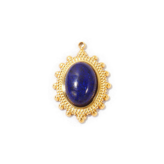 Picture of 2 PCs Eco-friendly PVD Waterproof Anti-Tarnish Hypoallergenic 304 Stainless Steel Charms Wholesale 18K Real Gold Plated Dark Blue Oval With Synthetic Gemstone Cabochons 27mm x 18.5mm