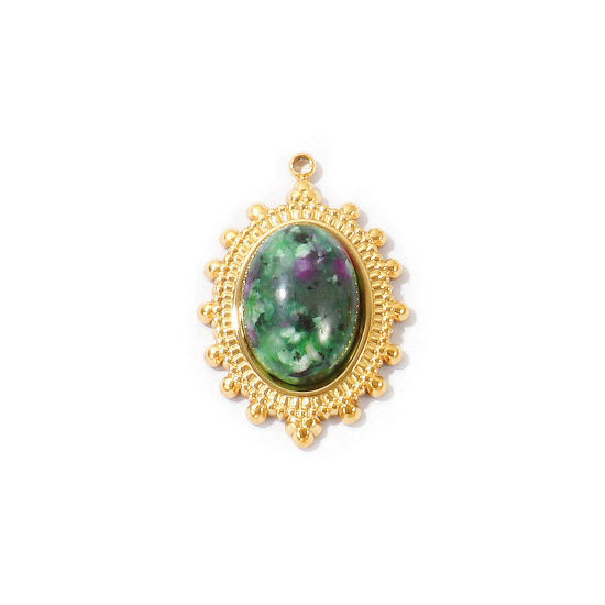 Picture of 2 PCs Eco-friendly PVD Waterproof Anti-Tarnish Hypoallergenic 304 Stainless Steel Charms Wholesale 18K Real Gold Plated Green Oval With Synthetic Gemstone Cabochons 27mm x 18.5mm