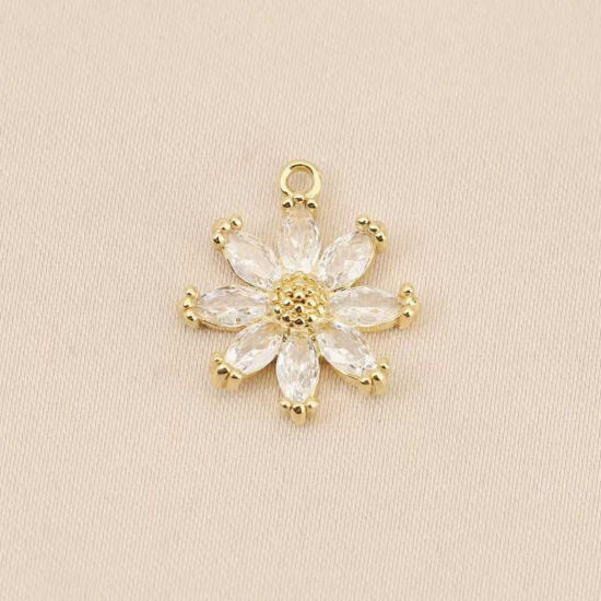Picture of 2 PCs Eco-friendly Brass Charms Wholesale 18K Real Gold Plated Daisy Flower Clear Cubic Zirconia 16.5mm x 14.5mm