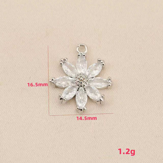 Picture of 2 PCs Eco-friendly Brass Charms Wholesale Real Platinum Plated Daisy Flower Clear Cubic Zirconia 16.5mm x 14.5mm