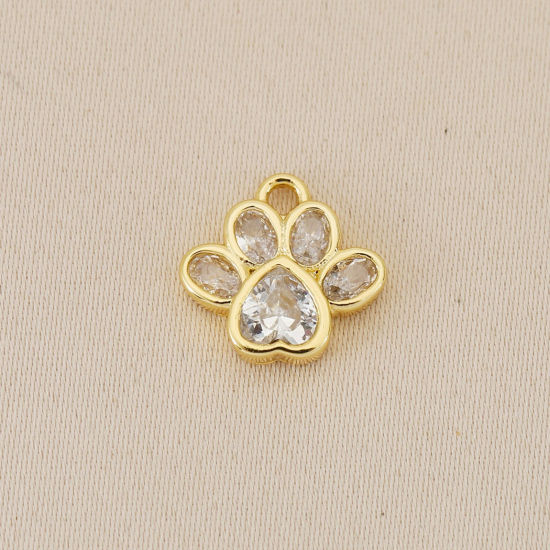 Picture of 2 PCs Eco-friendly Brass Pet Memorial Charms Wholesale 18K Real Gold Plated Paw Print Mini Clear Cubic Zirconia 10mm x 10mm