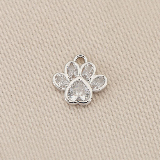 Picture of 2 PCs Eco-friendly Brass Pet Memorial Charms Wholesale Real Platinum Plated Paw Print Mini Clear Cubic Zirconia 10mm x 10mm