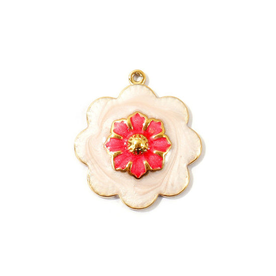 Image de 2 Pcs Breloques En Gros en 304 Acier Inoxydable PVD Écologique Collection Végétale Plaqué Or Véritable 18K Rose Fleur Émail 28mm x 25mm