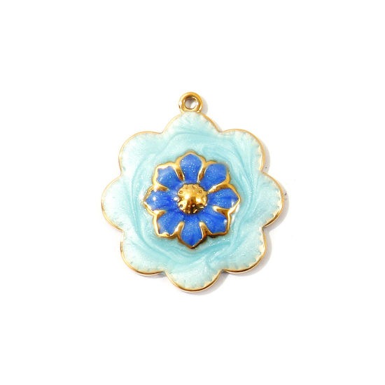 Image de 2 Pcs Breloques En Gros en 304 Acier Inoxydable PVD Écologique Collection Végétale Plaqué Or Véritable 18K Bleu Fleur Émail 28mm x 25mm