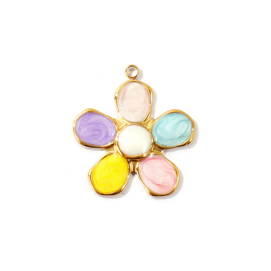 Image de 2 Pcs Breloques En Gros en 304 Acier Inoxydable PVD Écologique Collection Végétale Plaqué Or Véritable 18K Multicolore Fleur Émail 26mm x 24mm