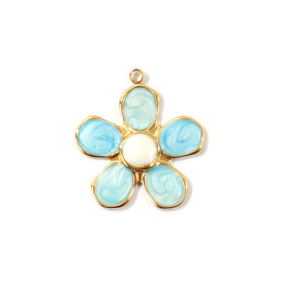 Image de 2 Pcs Breloques En Gros en 304 Acier Inoxydable PVD Écologique Collection Végétale Plaqué Or Véritable 18K Bleu Fleur Émail 26mm x 24mm