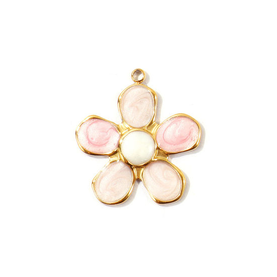 Image de 2 Pcs Breloques En Gros en 304 Acier Inoxydable PVD Écologique Collection Végétale Plaqué Or Véritable 18K Rose Fleur Émail 26mm x 24mm