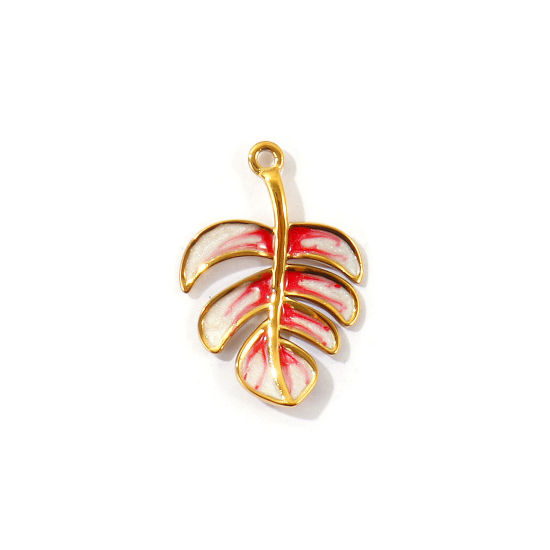 Image de 2 Pcs Breloques En Gros en 304 Acier Inoxydable PVD Écologique Collection Végétale Plaqué Or Véritable 18K Rose Feuille Émail 27mm x 19mm