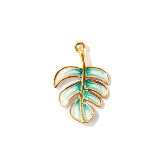 Image de 2 Pcs Breloques En Gros en 304 Acier Inoxydable PVD Écologique Collection Végétale Plaqué Or Véritable 18K Bleu Feuille Émail 27mm x 19mm