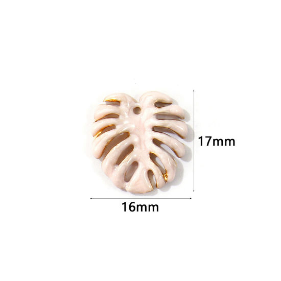 Image de 2 Pcs Breloques En Gros en 304 Acier Inoxydable PVD Écologique Collection Végétale Plaqué Or Véritable 18K Rose Feuille Émail 17mm x 16mm