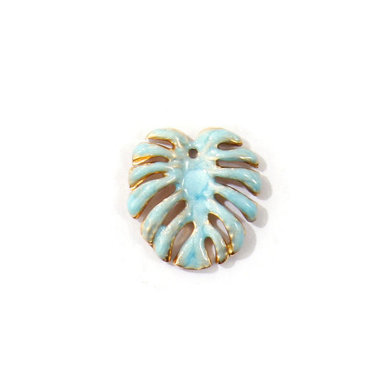 Image de 2 Pcs Breloques En Gros en 304 Acier Inoxydable PVD Écologique Collection Végétale Plaqué Or Véritable 18K Bleu Feuille Émail 17mm x 16mm