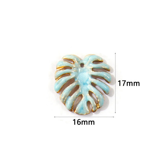 Image de 2 Pcs Breloques En Gros en 304 Acier Inoxydable PVD Écologique Collection Végétale Plaqué Or Véritable 18K Bleu Feuille Émail 17mm x 16mm