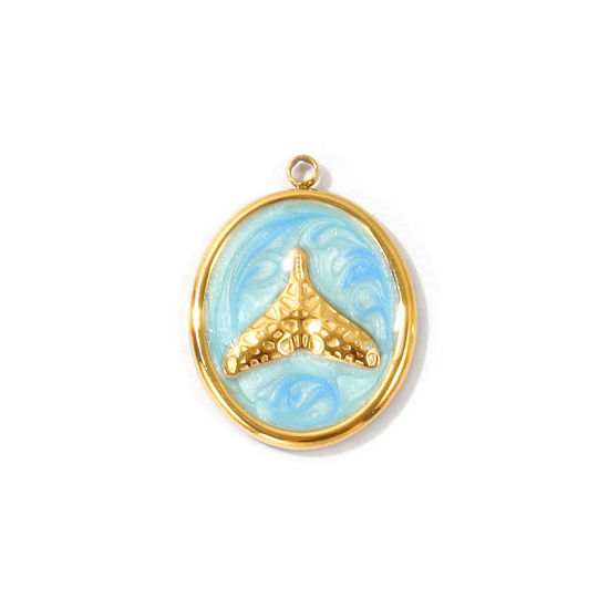 Imagen de 2 Unidades PVD Ecológico 304 Acero Inoxidable Joyería del océano Colgantes Al Por Mayor 18K Oro Real Chapado Azul Cola de Ballena Esmalte 26mm x 19mm