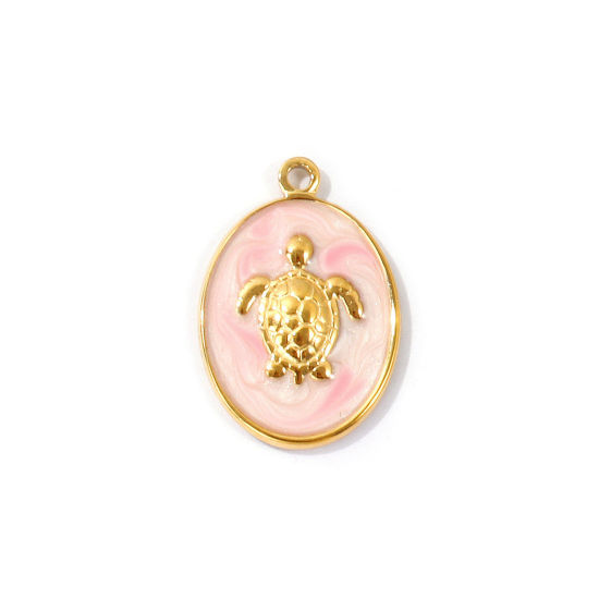 Imagen de 2 Unidades PVD Ecológico 304 Acero Inoxidable Joyería del océano Colgantes Al Por Mayor 18K Oro Real Chapado Rosado Tortuga Esmalte 27.5mm x 18.5mm