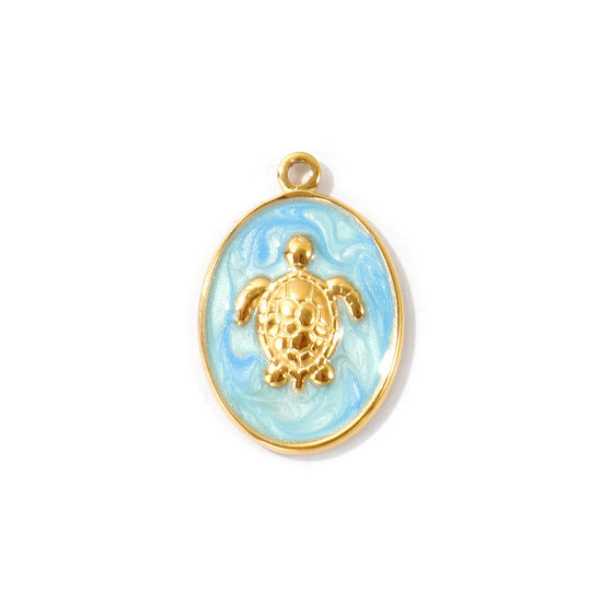 Imagen de 2 Unidades PVD Ecológico 304 Acero Inoxidable Joyería del océano Colgantes Al Por Mayor 18K Oro Real Chapado Azul Tortuga Esmalte 27.5mm x 18.5mm