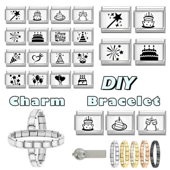 Immagine di 1 Pz 304 Acciaio Inossidabile Compleanno Magnetiche Italiane per Bracciali Modulari e Orologi Fai‑Da‑Te All'Ingrosso Tono Argento Nero Rettangolo Fuochi d'Artificio 10mm x 9mm