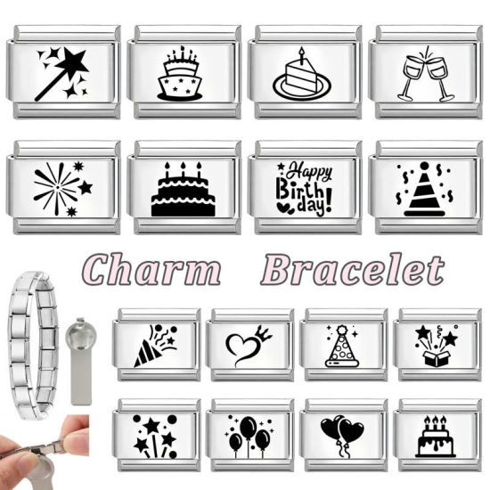 Immagine di 1 Pz 304 Acciaio Inossidabile Compleanno Magnetiche Italiane per Bracciali Modulari e Orologi Fai‑Da‑Te All'Ingrosso Tono Argento Nero Rettangolo Fuochi d'Artificio 10mm x 9mm