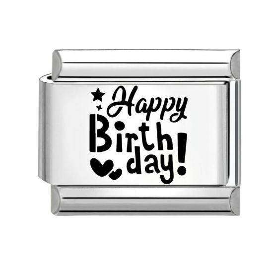 Immagine di 1 Pz 304 Acciaio Inossidabile Compleanno Magnetiche Italiane per Bracciali Modulari e Orologi Fai‑Da‑Te All'Ingrosso Tono Argento Nero Rettangolo Messaggio " HAPPY BIRTHDAY " 10mm x 9mm