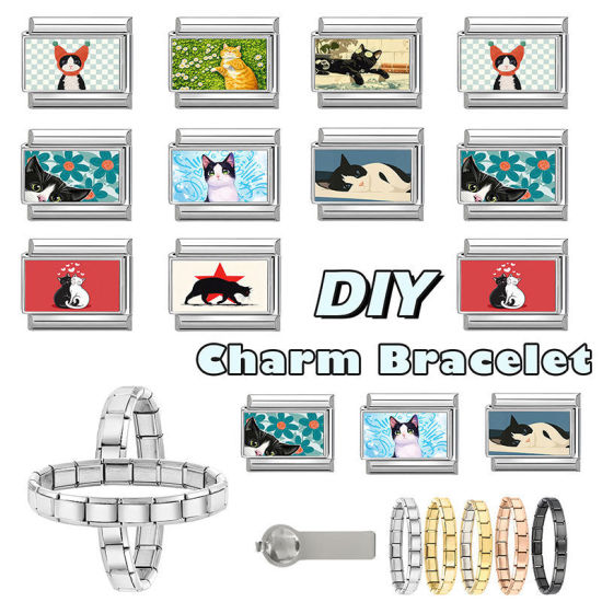 Picture of 1 Piece 304 Stainless Steel Italian Charm Links For DIY Modular Bracelet Watch Jewelry Making Wholesale Silver Tone Gray Rectangle Cat 10mm x 9mm