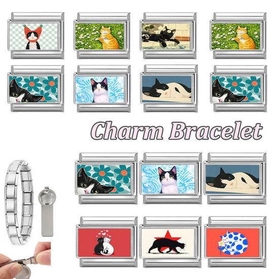Picture of 1 Piece 304 Stainless Steel Italian Charm Links For DIY Modular Bracelet Watch Jewelry Making Wholesale Silver Tone Gray Rectangle Cat 10mm x 9mm