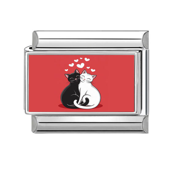 Picture of 1 Piece 304 Stainless Steel Italian Charm Links For DIY Modular Bracelet Watch Jewelry Making Wholesale Silver Tone Red Rectangle Cat 10mm x 9mm