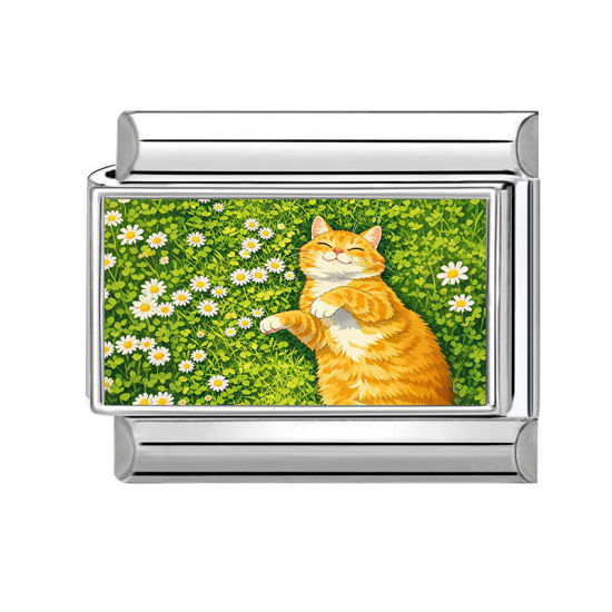 Picture of 1 Piece 304 Stainless Steel Italian Charm Links For DIY Modular Bracelet Watch Jewelry Making Wholesale Silver Tone Green Rectangle Cat 10mm x 9mm