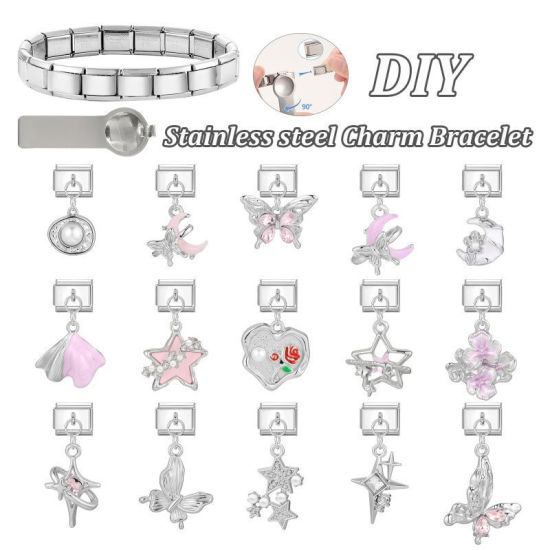 Immagine di 1 Pz 304 Acciaio Inossidabile Magnetiche Italiane per Bracciali Modulari e Orologi Fai‑Da‑Te All'Ingrosso Tono Argento Bianco Rettangolo Ovale Imitata Perla 10mm x 9mm