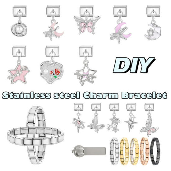 Immagine di 1 Pz 304 Acciaio Inossidabile Magnetiche Italiane per Bracciali Modulari e Orologi Fai‑Da‑Te All'Ingrosso Tono Argento Bianco Rettangolo Ovale Imitata Perla 10mm x 9mm