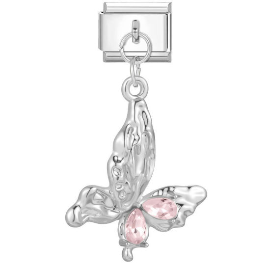 Immagine di 1 Pz 304 Acciaio Inossidabile Magnetiche Italiane per Bracciali Modulari e Orologi Fai‑Da‑Te All'Ingrosso Tono Argento Rettangolo Farfalla Roso Strass 10mm x 9mm
