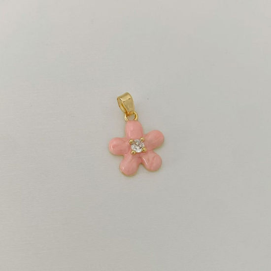 Picture of 1 Piece Brass Charm Pendant Wholesale 18K Gold Plated Light Pink Flower Enamel Clear Cubic Zirconia 15.2mm x 13mm