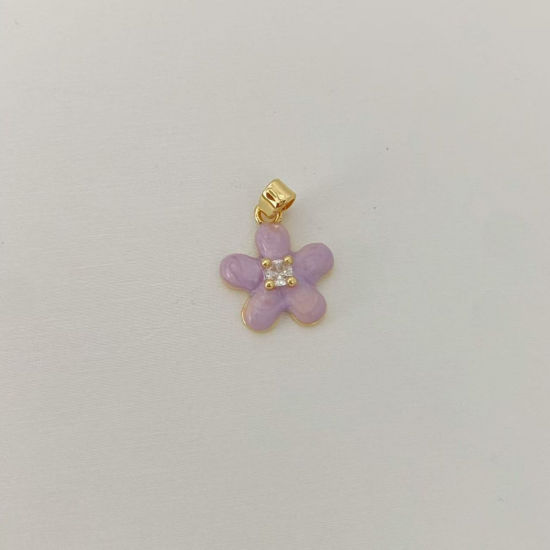 Picture of 1 Piece Brass Charm Pendant Wholesale 18K Gold Plated Purple Flower Enamel Clear Cubic Zirconia 15.2mm x 13mm
