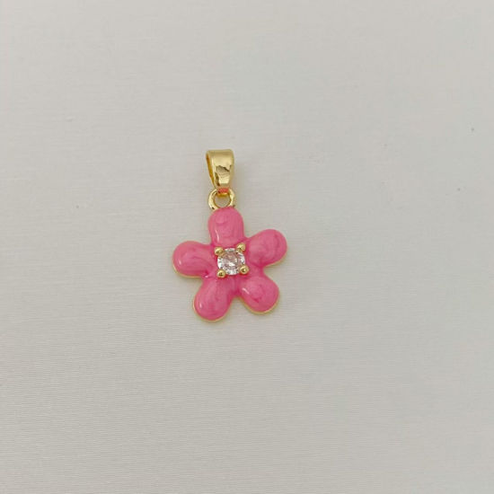 Picture of 1 Piece Brass Charm Pendant Wholesale 18K Gold Plated Pink Flower Enamel Clear Cubic Zirconia 15.2mm x 13mm