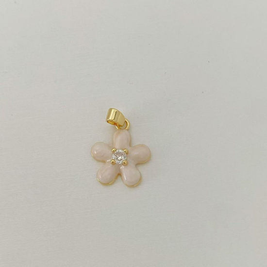 Picture of 1 Piece Brass Charm Pendant Wholesale 18K Gold Plated White Flower Enamel Clear Cubic Zirconia 15.2mm x 13mm
