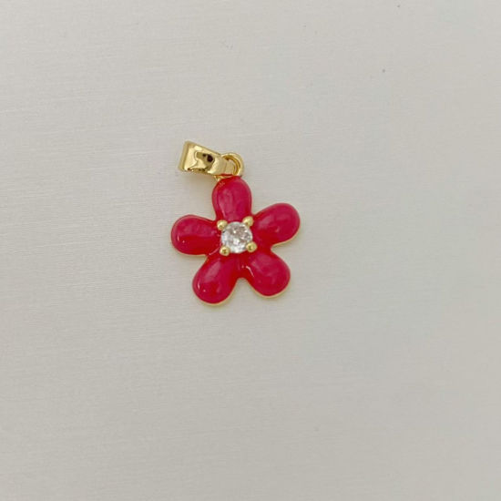 Picture of 1 Piece Brass Charm Pendant Wholesale 18K Gold Plated Fuchsia Flower Enamel Clear Cubic Zirconia 15.2mm x 13mm