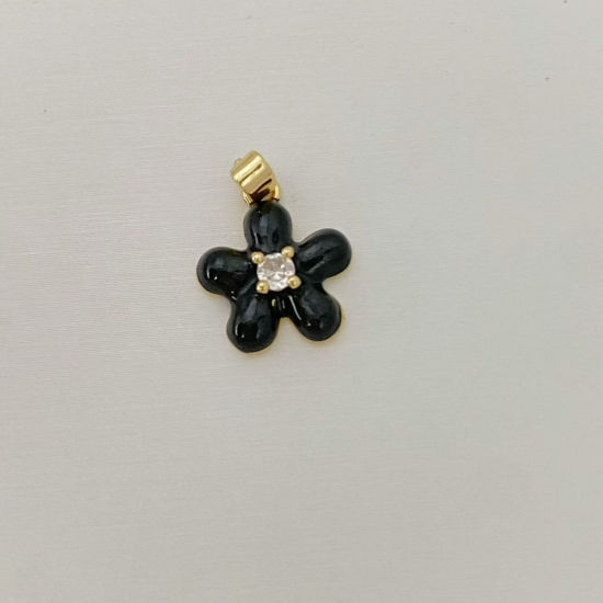 Picture of 1 Piece Brass Charm Pendant Wholesale 18K Gold Plated Black Flower Enamel Clear Cubic Zirconia 15.2mm x 13mm