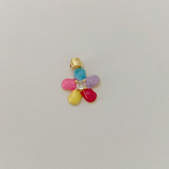 Picture of 1 Piece Brass Charm Pendant Wholesale 18K Gold Plated Multicolor Flower Enamel Clear Cubic Zirconia 15.2mm x 13mm