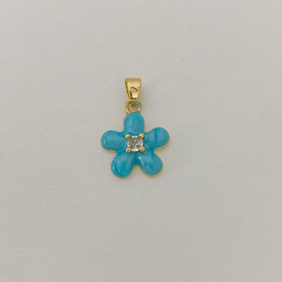 Picture of 1 Piece Brass Charm Pendant Wholesale 18K Gold Plated Blue Flower Enamel Clear Cubic Zirconia 15.2mm x 13mm