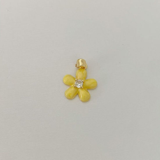 Picture of 1 Piece Brass Charm Pendant Wholesale 18K Gold Plated Yellow Flower Enamel Clear Cubic Zirconia 15.2mm x 13mm