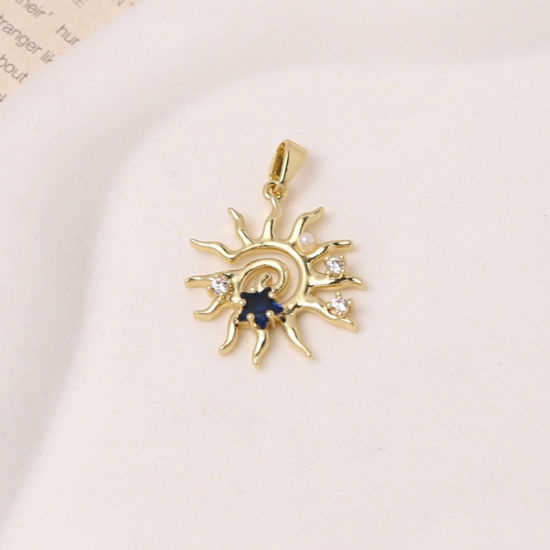 Immagine di 2 Pz Ottone Galassia Ciondoli Pendenti All'Ingrosso Placcato Oro 18K Sole Trasparente & Nero Cubic Zirconiae 23mm x 20mm