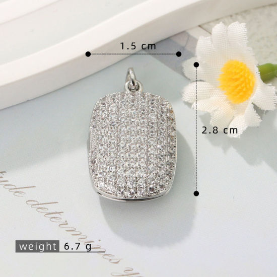 Immagine di 1 Pz Ottone Micro Intarsio Ciondoli con Medaglione Fotografico All'Ingrosso Platino Placcato Rettangolo Trasparente Cubic Zirconiae 28mm x 15mm