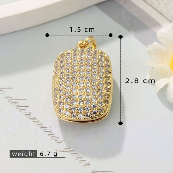 Immagine di 1 Pz Ottone Micro Intarsio Ciondoli con Medaglione Fotografico All'Ingrosso Placcato Oro 18K Rettangolo Trasparente Cubic Zirconiae 28mm x 15mm