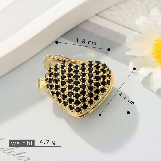 Immagine di 1 Pz Ottone Micro Intarsio Ciondoli con Medaglione Fotografico All'Ingrosso Placcato Oro 18K Cuore Nero Cubic Zirconiae 23mm x 18mm