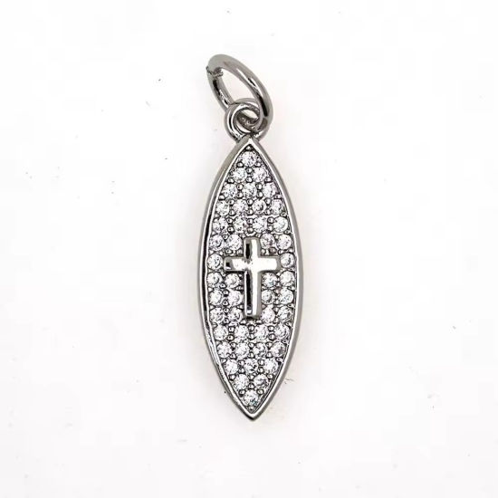 Bild von 2 Stück Messing Religiös Charms Großhandel Platin Plattiert Marquise Kreuz Micro Pave Klar Kubischer Zirkon 25mm x 7mm